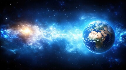 Naklejka premium Stunning view of Earth in space surrounded by vibrant cosmic clouds and stars, illustrating beauty and vastness of the universe