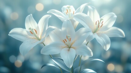 Fototapeta premium White lilies blooming in soft light create a serene atmosphere in a tranquil garden setting