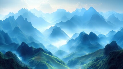 Fototapeta premium Serene mountain landscape with misty valleys and lush greenery during early morning light