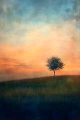 Fototapeta premium Golden Dawn: The Tranquil Beauty of a Sun-Kissed Meadow and Solitary Tree