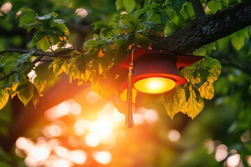 Graduation cap hanging on tree branch illuminated by sunset, symbolizing achievement and celebration