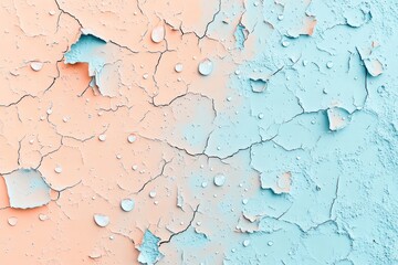 Obraz premium A faded peach and sky blue pastel background with water droplets on a cracked, rough surface of a painted wall