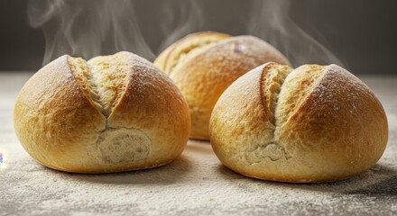 Golden Brown Bread Rolls Freshly Baked - Warm, golden bread rolls steaming, freshly baked, delicious aroma, rustic setting, perfect for breakfast
