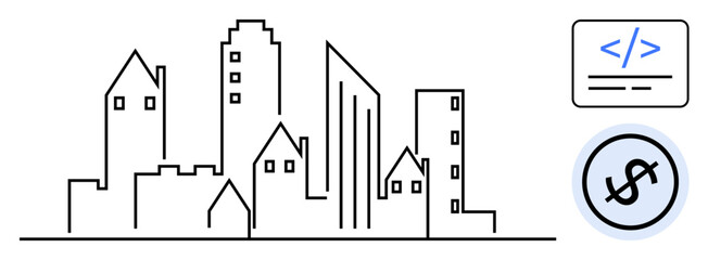 Stylized cityscape with skyscrapers, coding tag, and dollar sign circle. Ideal for technology, startups, urban planning, software, coding investment finance. Flat simple metaphor