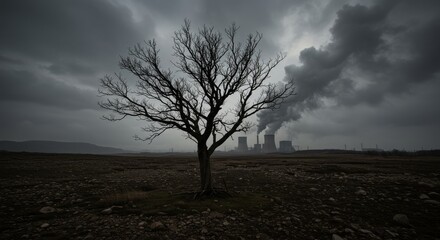 Obraz premium Barren Landscape, Lone Tree, and Industrial Smokestacks - A desolate landscape, a lone tree stands resilient amidst industrial pollution, symbolizing environmental struggle, resilience, hope, despair