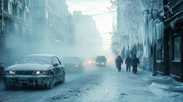 Frozen Cityscape Explore the Icy Streets and Snow-covered Cars in a Beautiful Winter Wonderland Scene