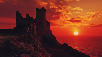 Fototapeta premium The dying sun paints a fiery glow across criccieth castle's weathered stone walls, sunset,. Dying Sun. Illustration