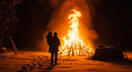 Fototapeta premium Person Carrying Child Near Large Bonfire in Snowy Night - A silhouette of a person carrying a child stands before a massive bonfire in a snowy landscape at night. Symbolizing warmth, protection