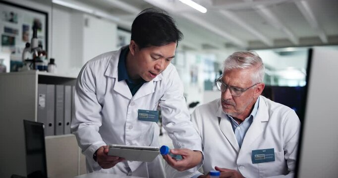 Computer, sample and tablet with scientist people in laboratory for collaboration or discussion. Healthcare, medical analysis and research with men at work on science breakthrough for innovation