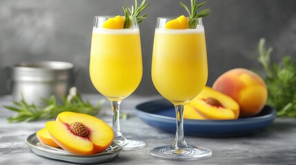 Fototapeta premium Refreshing peach cocktails with garnish served on a rustic table showcasing fresh peaches and herbs