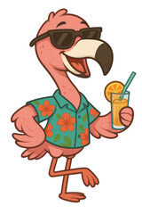 Cool cartoon flamingo wearing sunglasses and a floral shirt, holding a tropical drink with an orange slice