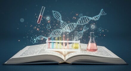 Naklejka premium Scientific Discovery Emerging From Book - Knowledge, science, innovation, genetic research, discovery. A glowing lab emerges from a book