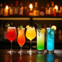 Variety of iced cocktails in tall glasses with bright colors