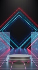 Futuristic product display podium with neon grids and holographic elements