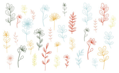 Botanical doodle background art vector set. Flower and leaves abstract shape doodle art design for print, wallpaper, clipart.