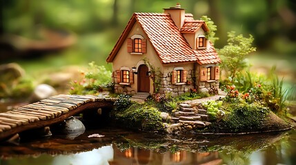 Fototapeta premium Miniature cottage on an island in a tranquil pond setting