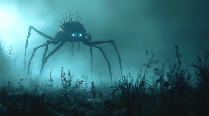 A colossal, shadowy spider looms over a misty field at twilight, its glowing eyes piercing the eerie silence, a chilling scene of unsettling mystery.