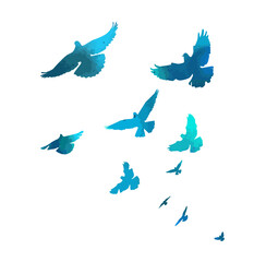 blue birds. A flock of flying blue birds. hand drawing. Not AI. Vector illustration.