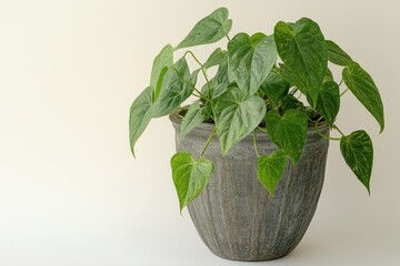 Lush green heartleaf philodendron plant in a textured pot against a neutral background