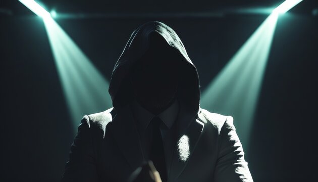 A mysterious figure wearing a hooded cloak stands under dramatic lighting, creating a sense of suspense and intrigue in a dark environment.