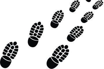 Black shoes prints footpath. Sneakers silhouettes path. Steps or footprints of walking person. Human steps traces. Vector illustration isolated on white background.
