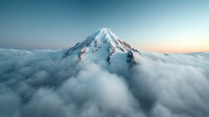 A majestic mountain peak towers above the clouds, its snow-capped summit bathed in soft light, evoking feelings of awe, adventure, and the beauty of nature.