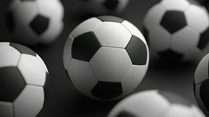 Obraz premium A Close-Up Shot of Soccer Balls, Classic Black and White Design, High-Quality Texture and Detail, Multiple Balls Blurred in the Background, Creating a Dynamic and Engaging Visual