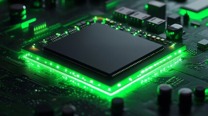 Fototapeta premium Close up of a computer processor with green led lighting on a circuit board components view
