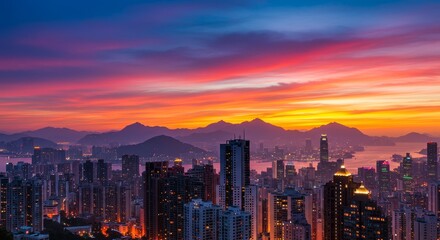 Fototapeta premium Vibrant Cityscape Sunset - Stunning sunset over a city skyline with colorful clouds and mountains in the background