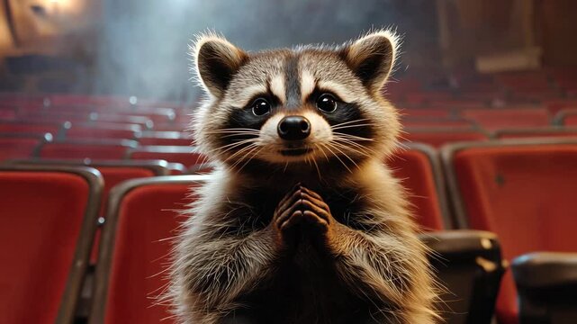 A raccoon is sitting in a cinema hall and watching a movie. The scene is set in a red theater with rows of chairs.