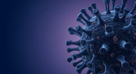 Microscopic View of a Dark Blue Virus Cell - Detailed view of a virus cell, emphasizing its intricate surface texture, microscopic scale, and potential danger. Symbolizing illness, research, science