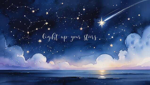 Night sky with stars and comet over ocean horizon in watercolor  