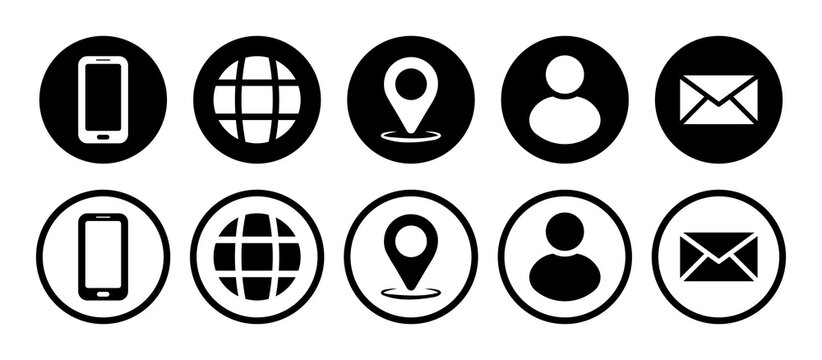 Visiting card icon set with phone, call, contact us, message, location, globe, website and profile symbol in black and white color. Business card icon set vector illustration.