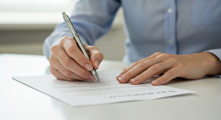 Hand Signing Document with Pen on Desk - Close-up of hands signing a document, symbolizing agreement, commitment, finality, legal process, and precision