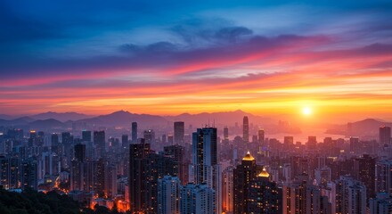 Fototapeta premium Vibrant Cityscape Sunset - Stunning panoramic view of a city skyline at sunset, showcasing colorful clouds and illuminated buildings