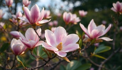 Fototapeta premium Blooming magnolia flowers with soft pink petals in a garden setting
