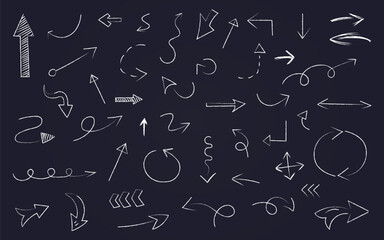 Hand drawn pencil arrows. Doodle curved chalk darts. Texture design elements of scribble lines. Hand painted crayon check