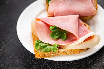 Sandwich ham tasty snack fresh fast food gourmet food background on table rustic food top view copy space