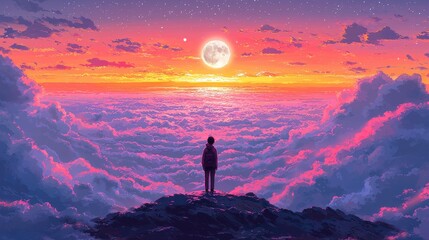 Fototapeta premium A canvas of twilight hues, where a silvery moon bathed the inky sky, twinkling diamonds of stars scattered across the velvety surface, and fluffy white clouds drifted like cotton candy, creating 