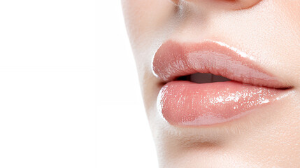 close up of smooth, glossy lips with natural pink hue, showcasing beauty and elegance. soft texture and shine evoke sense of allure and freshness