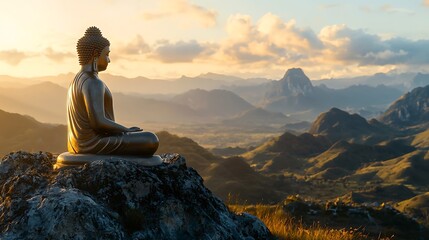 Obraz premium Buddha statue atop mountain, serene vista