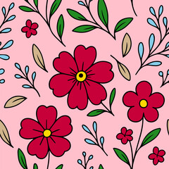 Seamless Floral Pattern – Hand-Drawn Flowers & Leaves on Pink Background