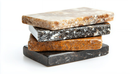 Natural stone slabs in various colors and textures stacked together, showcasing their unique patterns and finishes, perfect for design projects