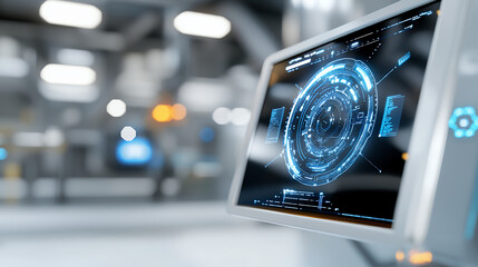 Futuristic digital display with glowing interface, showcasing data visualization and technology in modern environment