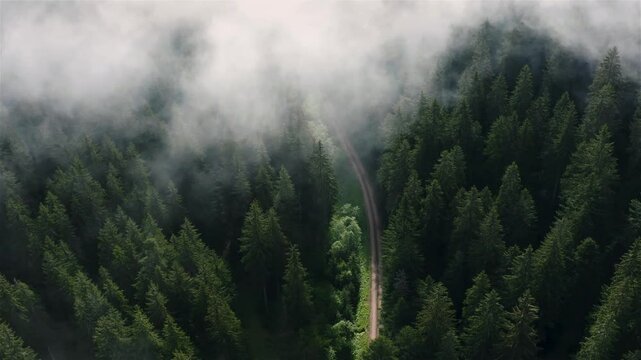 Aerial video on a foggy morning in Black Forest, Germany. Fly over a pine forest in the morning.
