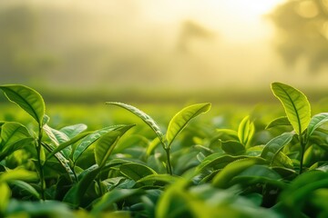 Lush green tea leaves basking in morning sunlight with misty hills in the background