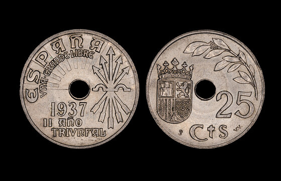 Spain peseta 25 centimos coin. rising sun, yoke and five upward-facing arrows on right