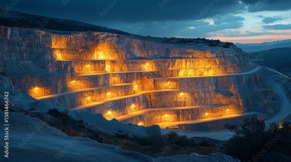 Poster A spectacular view of a quarry illuminated by bright lights at dusk, highlighting the layers of excavation and advanced mining techniques used for mineral extraction and processing