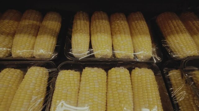 Fresh corn neatly arranged on a grocery store shelf, showcasing its golden yellow kernels and green husks in a well-lit retail environment