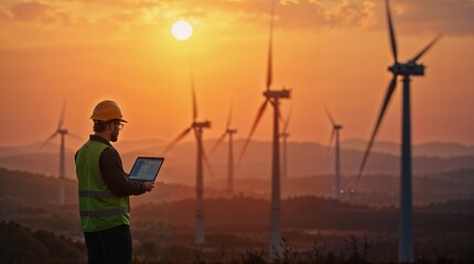 Fototapeta premium Engineer Overseeing Wind Turbines at Sunset – Sustainable Energy Concept